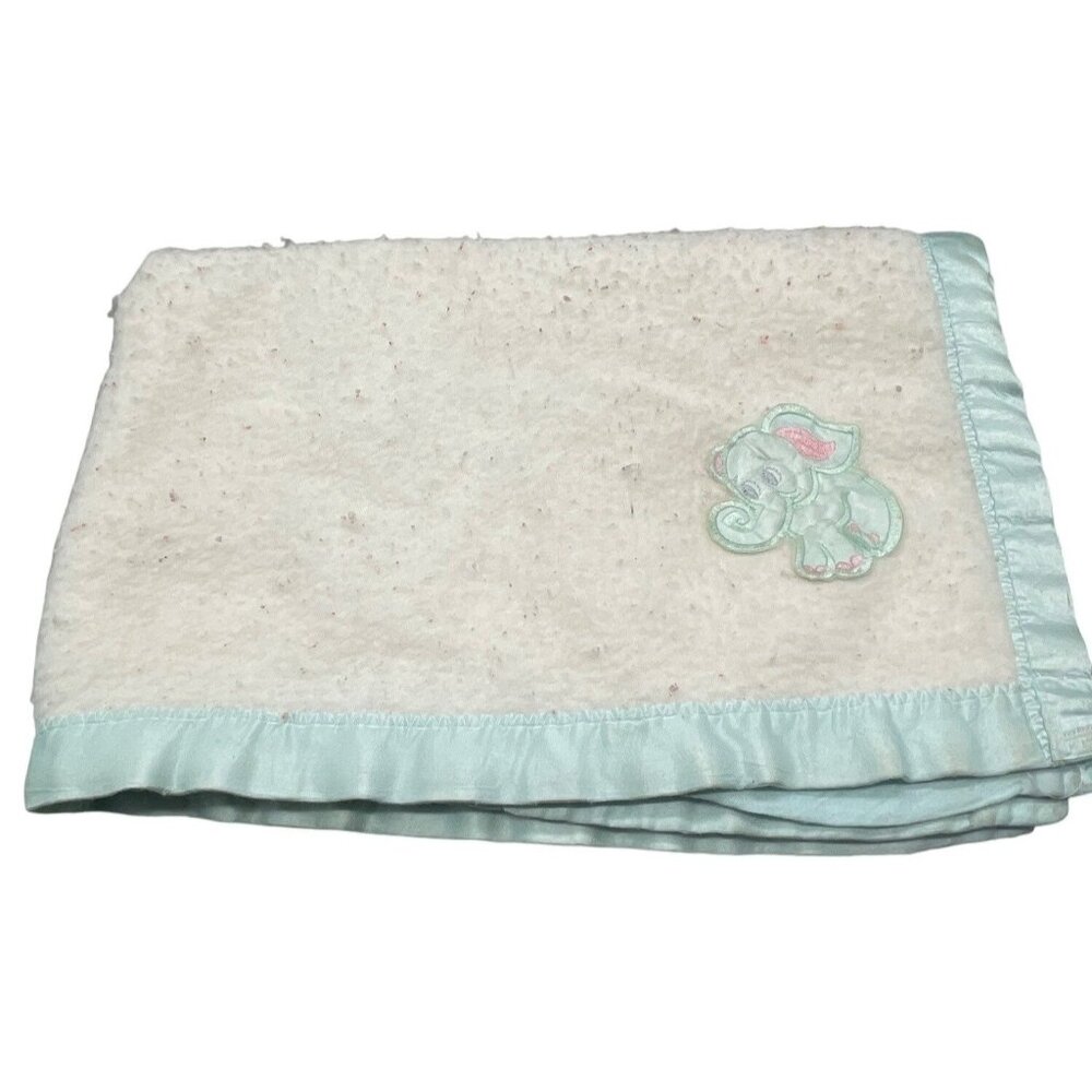 Vintage baby blanket elephant blue border white fuzzy 44x32" READ